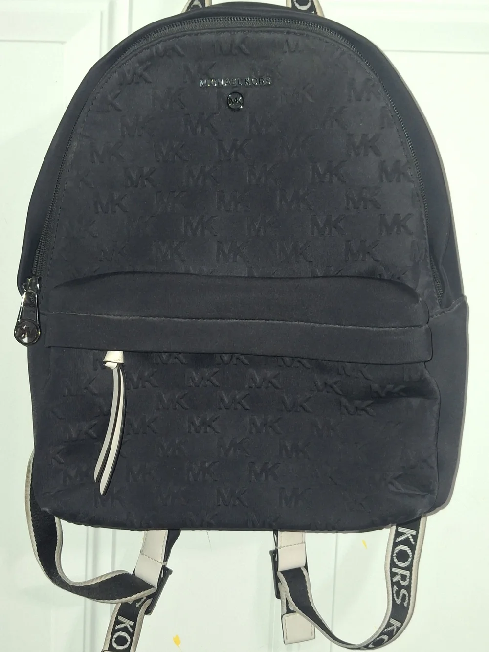 Michael Kors Black Logo Jacquard Backpack Purse with White Trim